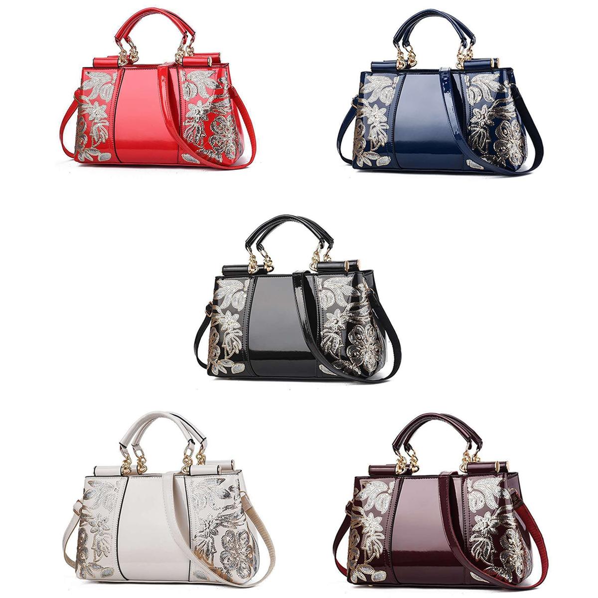 Shiny Leather Handbag with Single-sided Embroidery - Blue