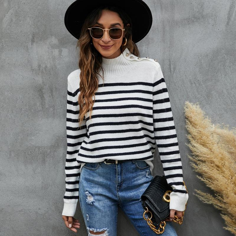 Women Striped Knitwear Loose Stand-Up Collar Pullover Sweater - Black And White - S