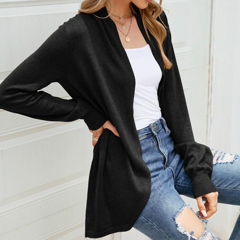 Women Mid-Length Sweater Jacket Temperament Loose Knitted Cardigan - Black - M