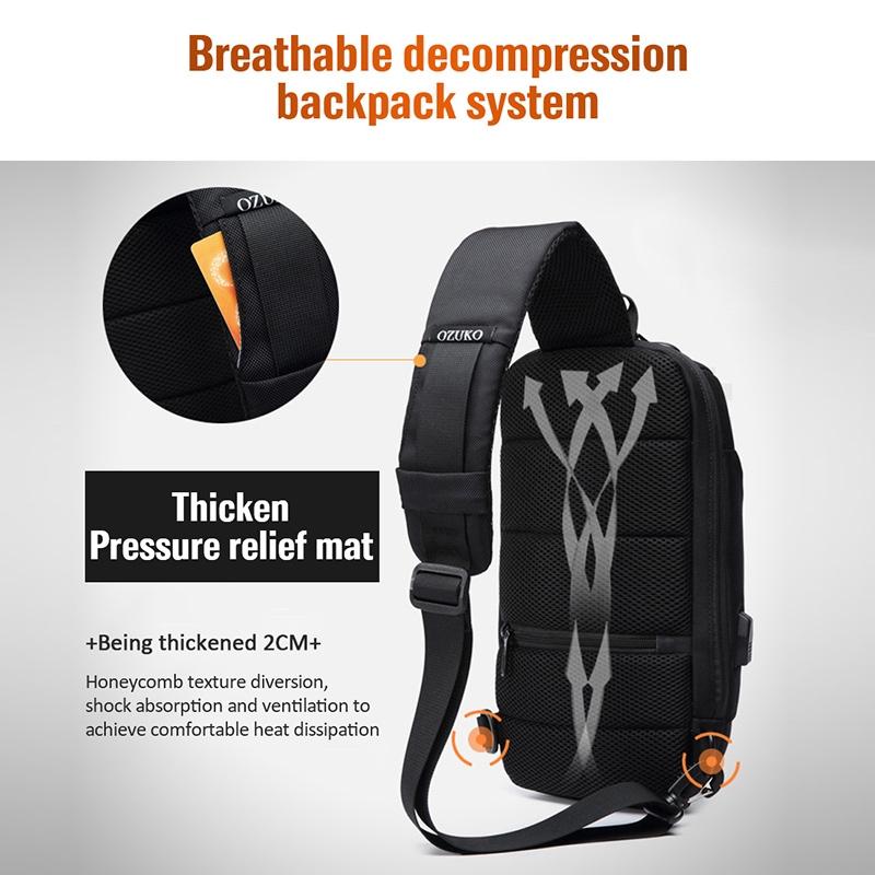 Waterproof Anti Theft Chest Bag Usb Charging Port Large Size - Black