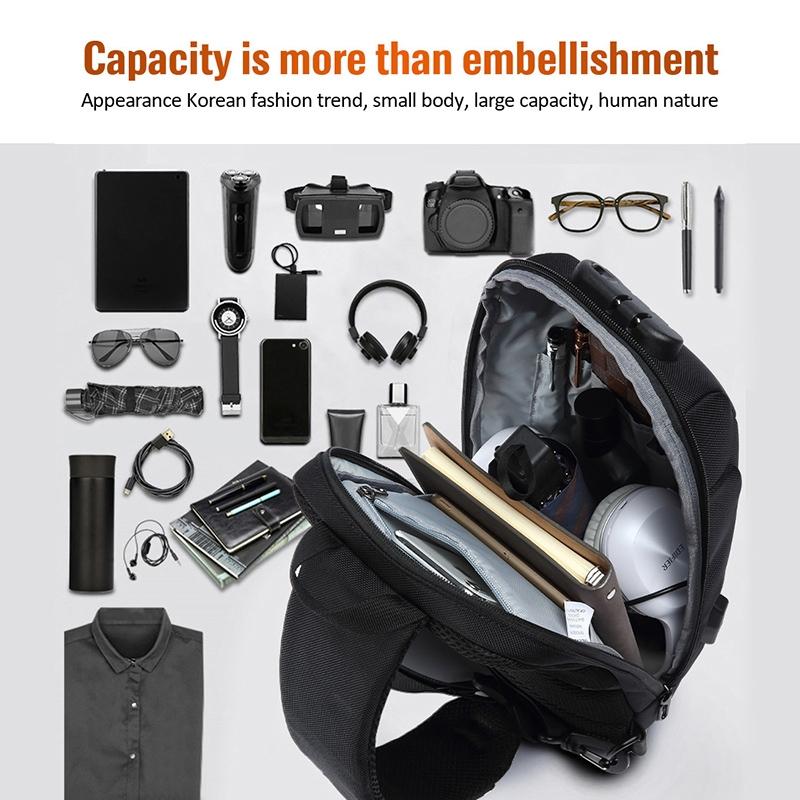 Waterproof Anti Theft Chest Bag Usb Charging Port Large Size - Black