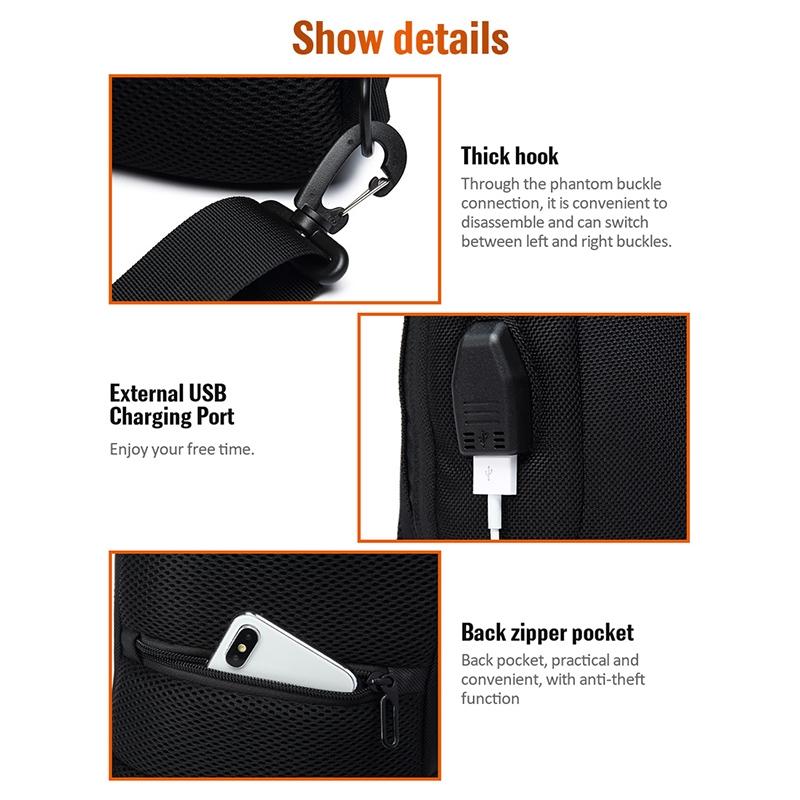 Waterproof Anti Theft Chest Bag Usb Charging Port Large Size - Black