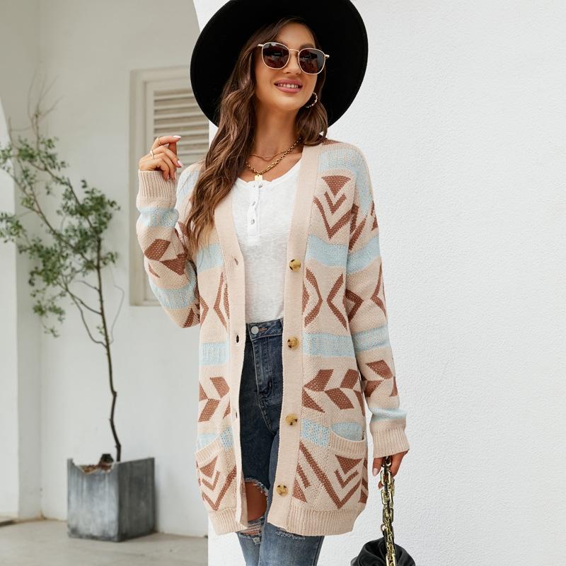 Autumn And Winter Female Diamond Loose Knitted Cardigan Jacquard Medium-Length Sweater Jacket - Beige - M