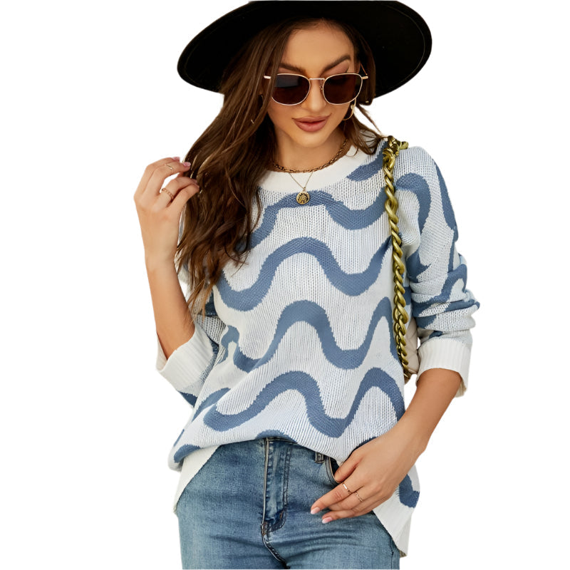 Women Casual Pullover Sweater Round Neck Wave Pattern Collision Colour Knitted Sweater - Size L Black - Pink