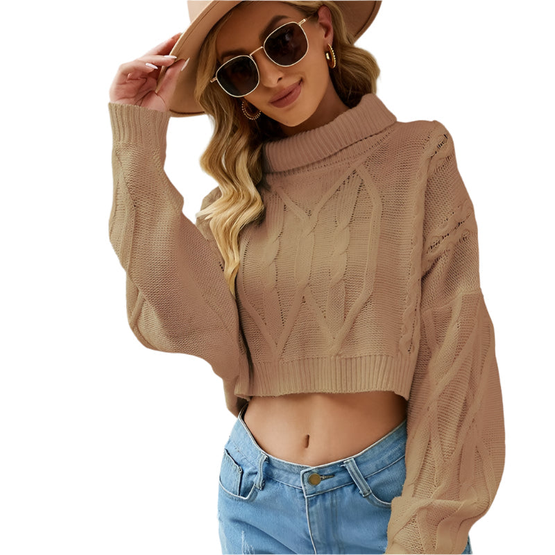 Solid Colour High Neck Pullover Knitted Top Short Stranded Flowers Knitted Sweater - Camel - Xl