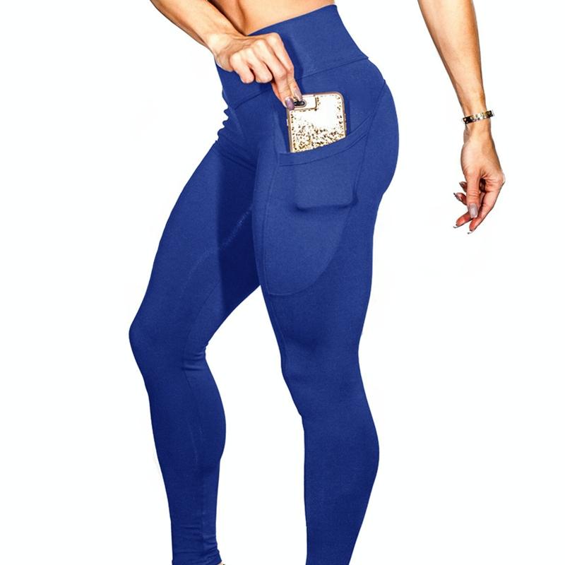 High Elastic Yoga Pants With Pockets For Women Jogging Workout Running Leggings Xl - Blue - Xl