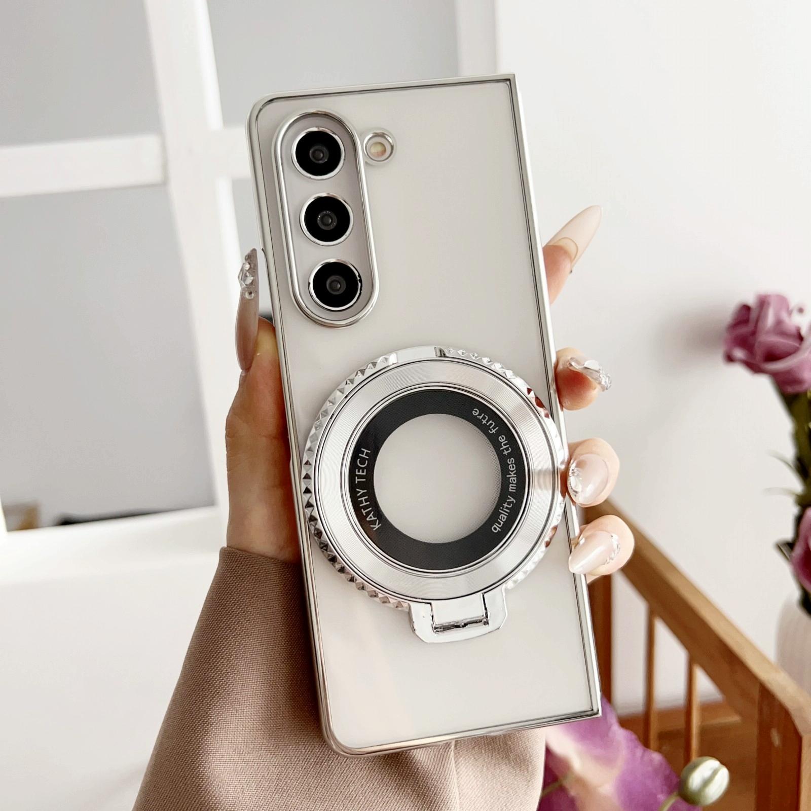 For Samsung Galaxy z Fold4 5G Shockproof Magsafe Holder for Rotating Plating Phone Case - Silver