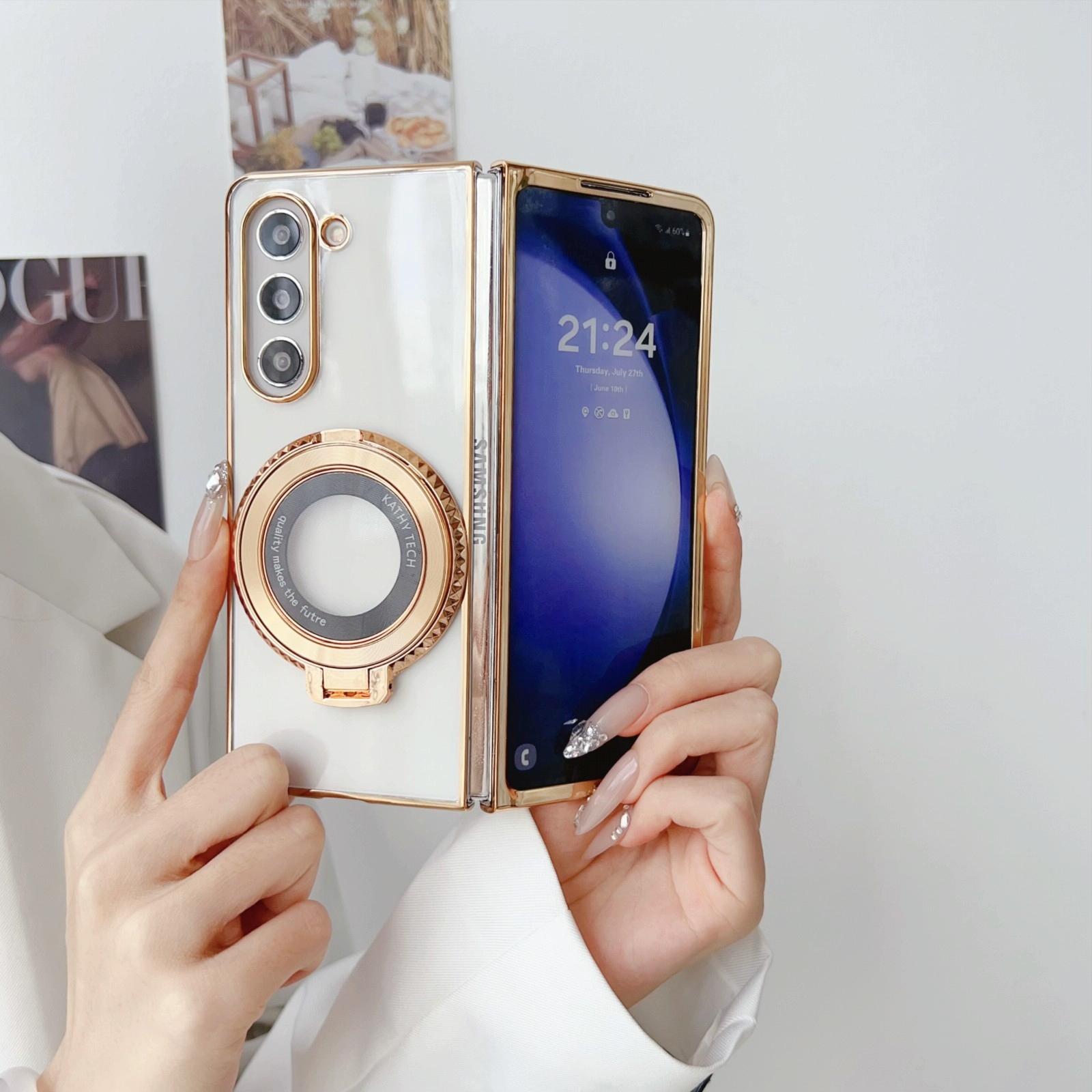 For Samsung Galaxy z Fold4 5G Shockproof Magsafe Holder for Rotating Plating Phone Case - Silver