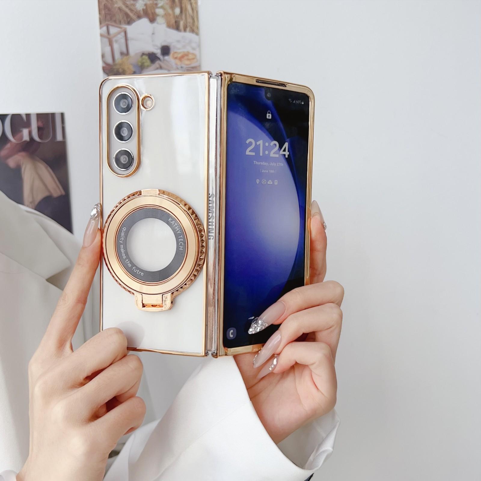For Samsung Galaxy z Fold4 5G Shockproof Magsafe Holder for Rotating Plating Phone Case - Silver