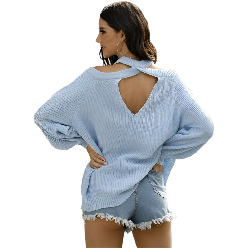 Round-Neck Strapless Heart Hollowing Knit Sweater - Blue M