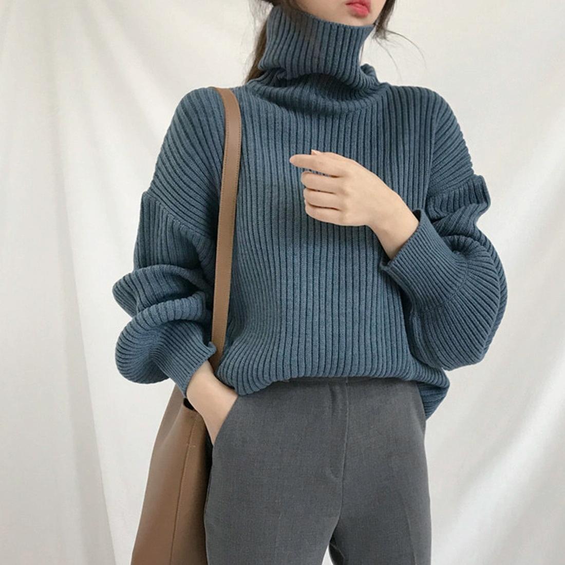 Solid Colour Turtleneck Outer Wear Pullover Casual Sweater Beige - Free Size - Blue Grey Free Size