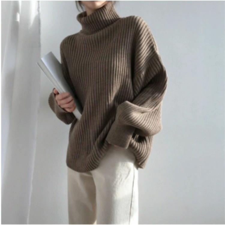 Solid Colour Turtleneck Outer Wear Pullover Casual Sweater Beige - Free Size - Blue Grey Free Size