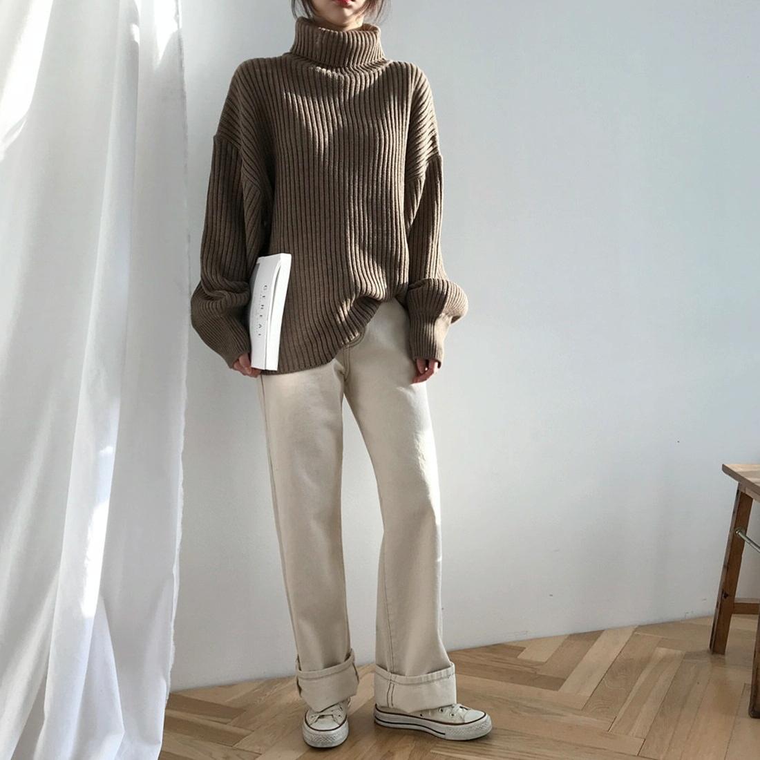 Solid Colour Turtleneck Outer Wear Pullover Casual Sweater Beige - Free Size - Blue Grey Free Size