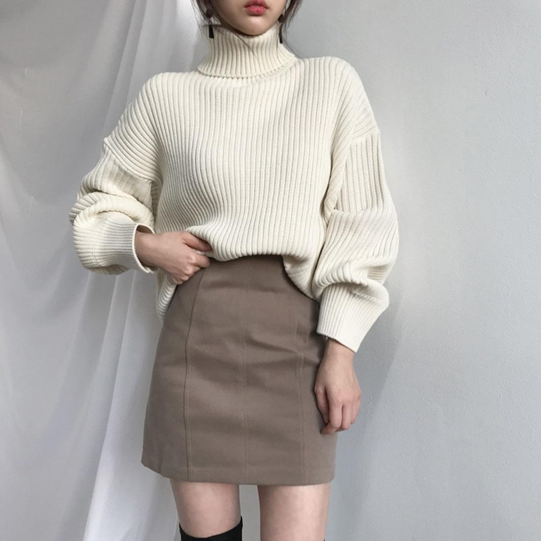 Solid Colour Turtleneck Outer Wear Pullover Casual Sweater Beige - Free Size - Blue Grey Free Size