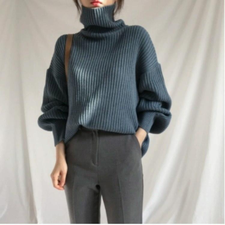 Solid Colour Turtleneck Outer Wear Pullover Casual Sweater Beige - Free Size - Blue Grey Free Size