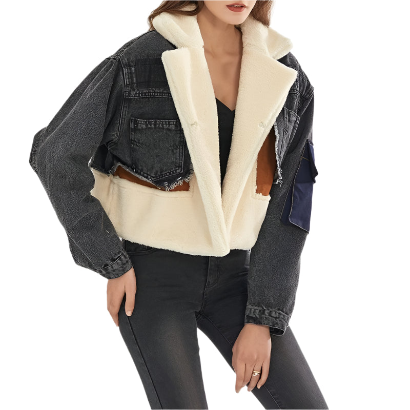 Plush Thick Denim Stitching Lamb Fur Lapel Cotton Jacket - Black M
