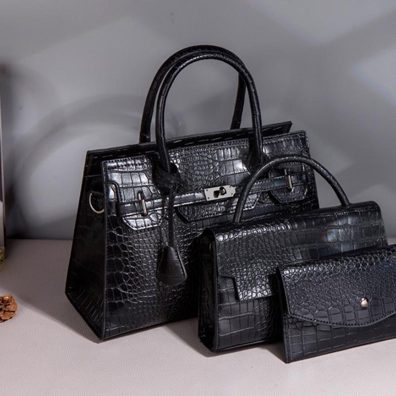 Large Capacity 3-in-1 Crocodile Print Crossbody Tote - Diagonal Design - Dark Brown