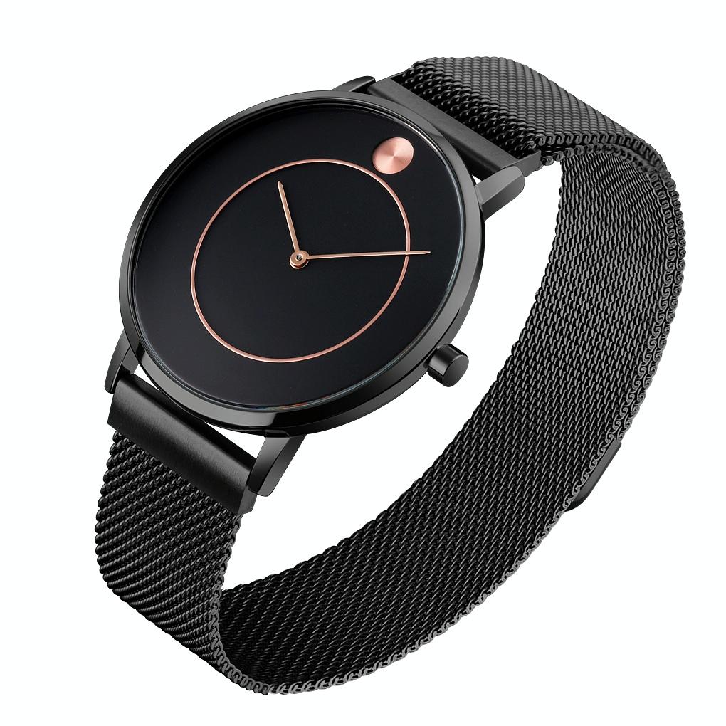 Women Metal Mesh Quartz Watch with Non-scale Dial - Rose Gold Black Surface