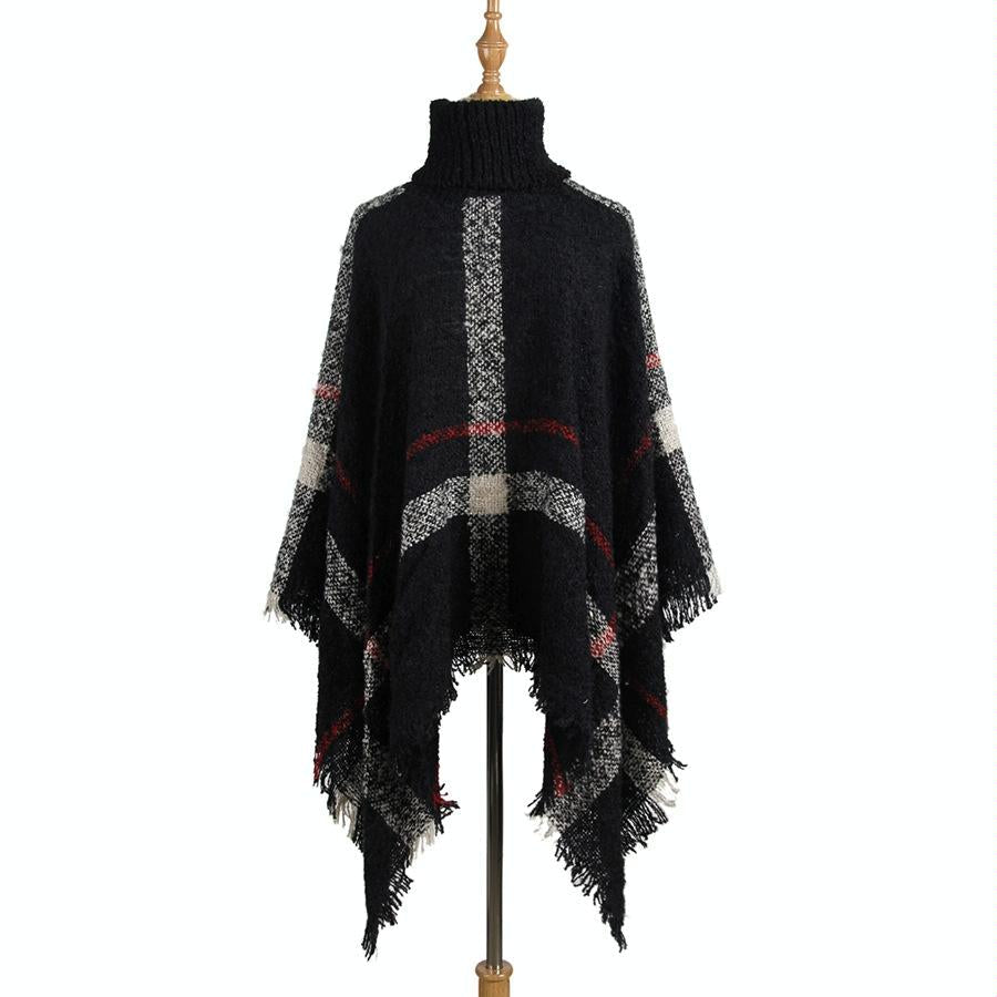 Women Mid-Length Turtleneck Sweater Fringed Cloak Shawl - Size Free Size - Black