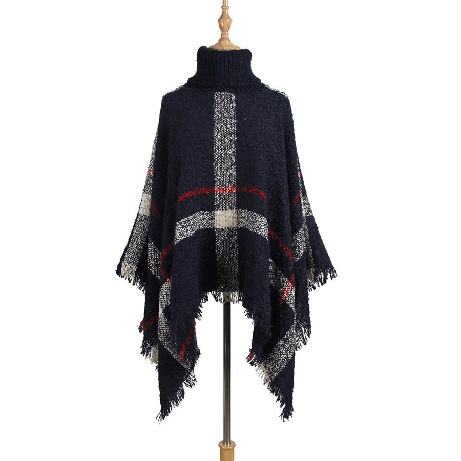 Women Mid-Length Turtleneck Sweater Fringed Cloak Shawl - Size Free Size - Black