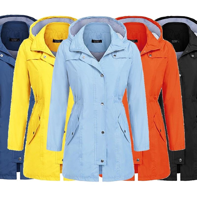 Casual Women Waterproof Waist Hooded Long Coat - Size S - Sky Blue