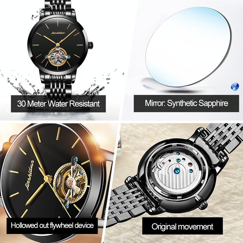 Waterproof Automatic Mechanical Watch for Women with Simple Hollow Design - Black Steel Strip Blue