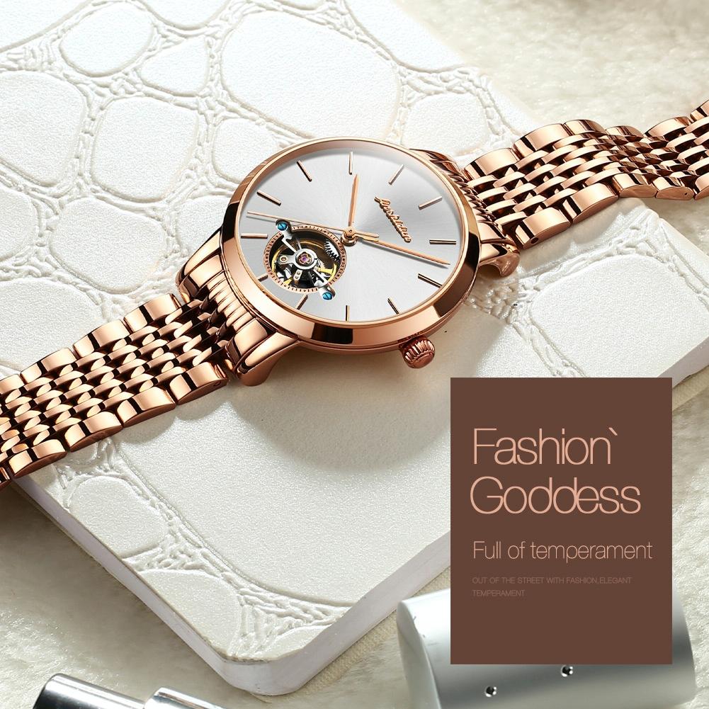 Waterproof Automatic Mechanical Watch for Women with Simple Hollow Design - Black Steel Strip Blue