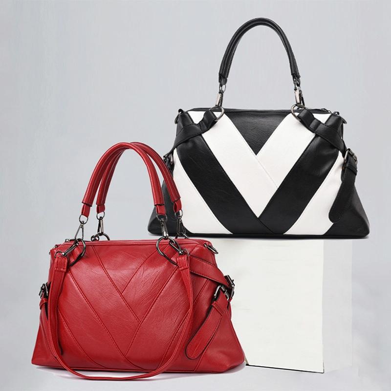 Soft Leather Geometric Handbag - Colourblock - Black