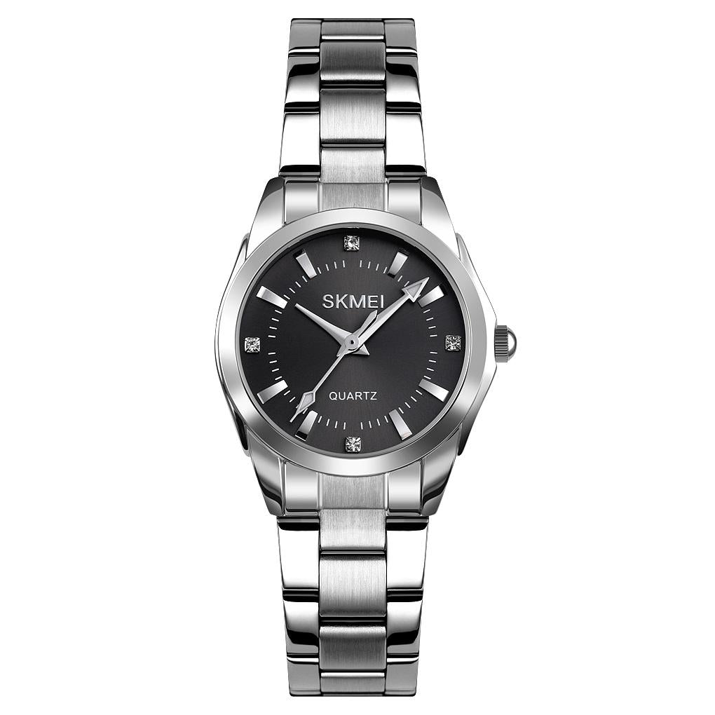 Waterproof Quartz Women Watch with Rhinestone Steel Strap - Delicate and Creative - Black
