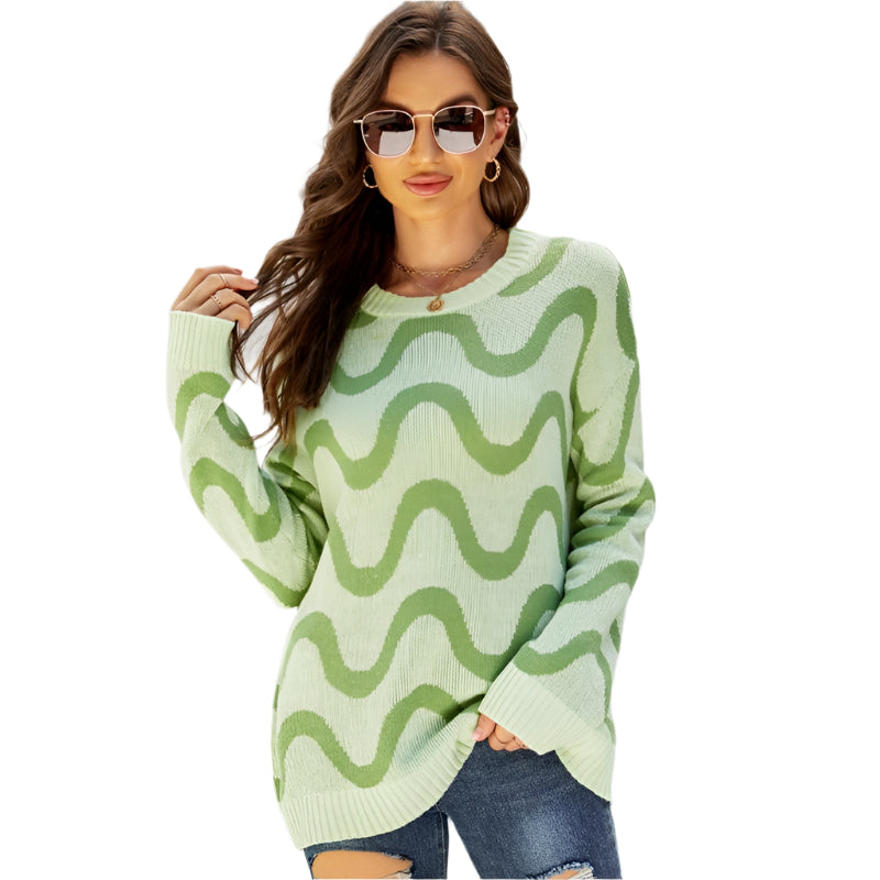 Women Casual Pullover Sweater Round Neck Wave Pattern Collision Colour Knitted Sweater - Size M Black - Blue