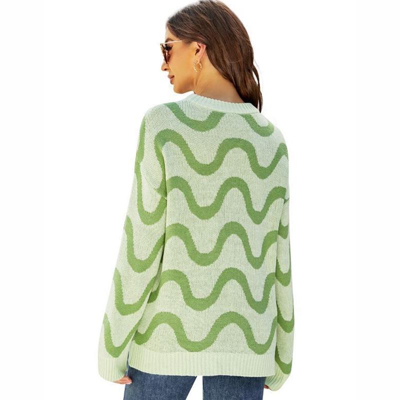 Women Casual Pullover Sweater Round Neck Wave Pattern Collision Colour Knitted Sweater - Size M Black - Blue