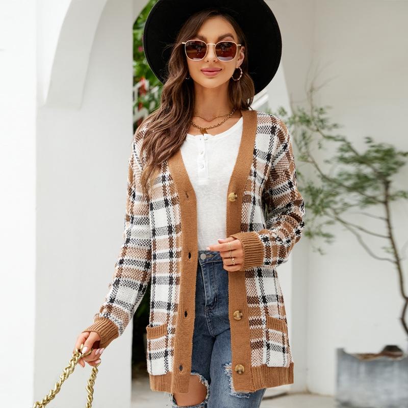 Autumn And Winter Female Diamond Loose Knitted Cardigan Jacquard Medium-Length Sweater Jacket - Brown - M