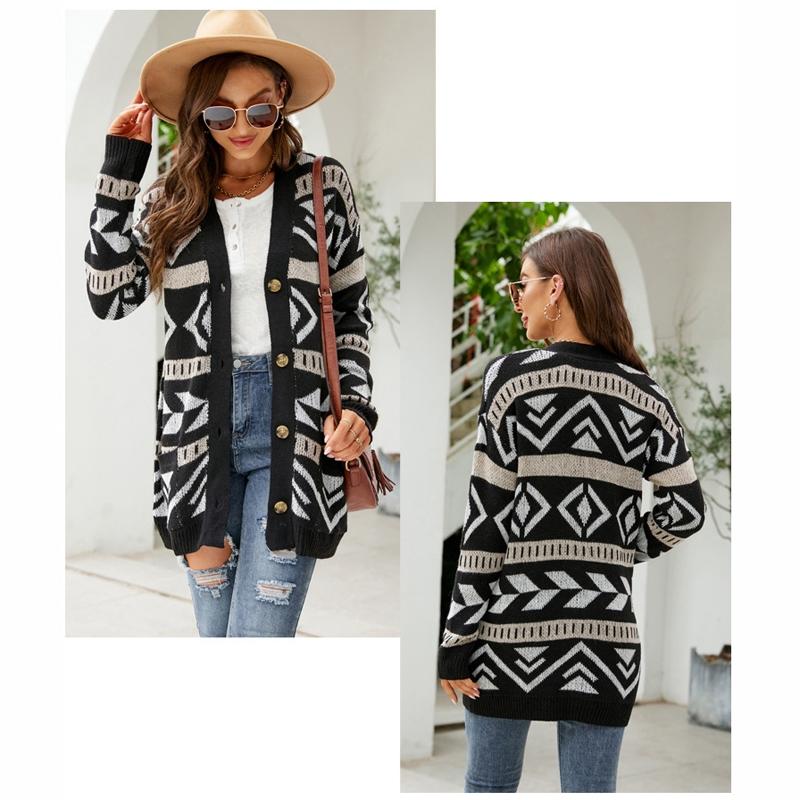 Autumn And Winter Female Diamond Loose Knitted Cardigan Jacquard Medium-Length Sweater Jacket - Brown - M