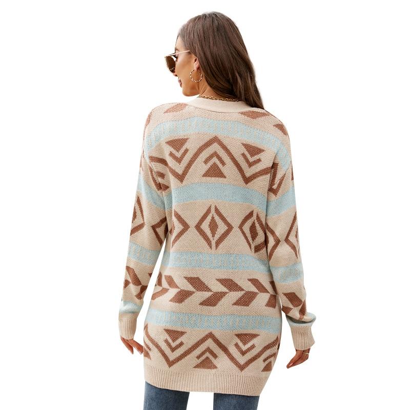 Autumn And Winter Female Diamond Loose Knitted Cardigan Jacquard Medium-Length Sweater Jacket - Brown - M