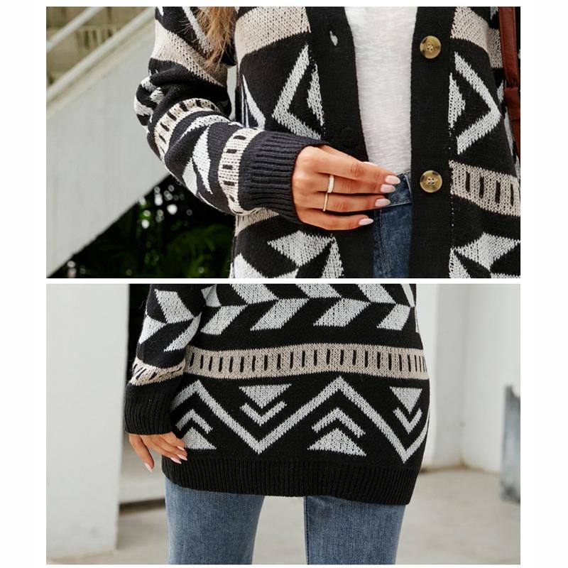 Autumn And Winter Female Diamond Loose Knitted Cardigan Jacquard Medium-Length Sweater Jacket - Brown - M