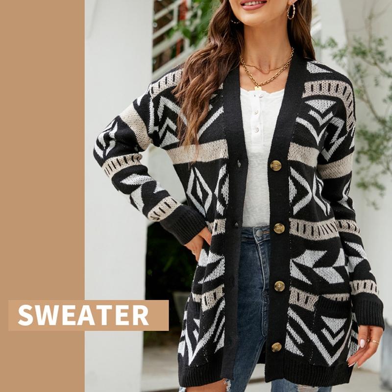 Autumn And Winter Female Diamond Loose Knitted Cardigan Jacquard Medium-Length Sweater Jacket - Brown - M