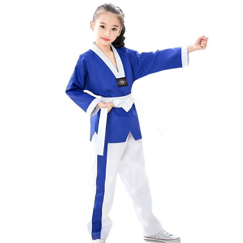 Taekwondo Training Uniform Child & Adult Cotton Clothing Size 130 - Blue White Stitching - 140