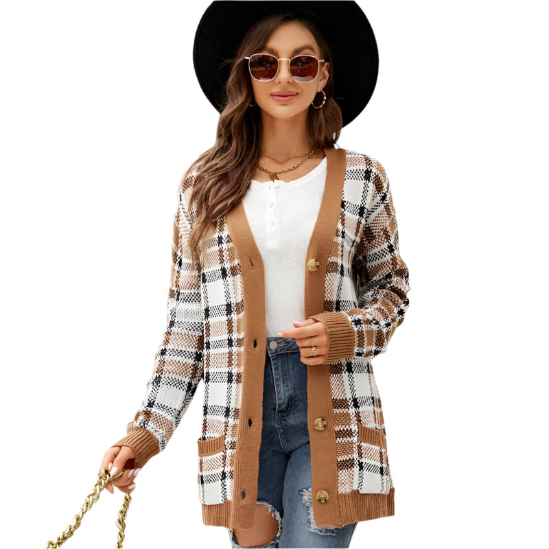 Autumn And Winter Female Diamond Loose Knitted Cardigan Jacquard Medium-Length Sweater Jacket - Brown - L