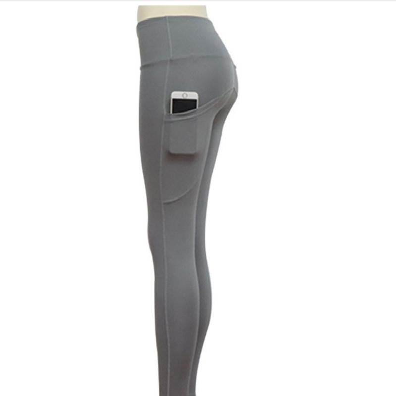 High Elastic Women Yoga Pants With Pockets Stretch Leggings For Jogging Workout And Running Size L - Gray