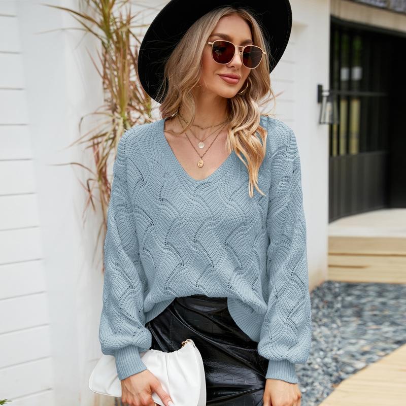 V-Neck Sweater Women Autumn And Winter Loose Knitted Bottoming Shirt - Blue - L