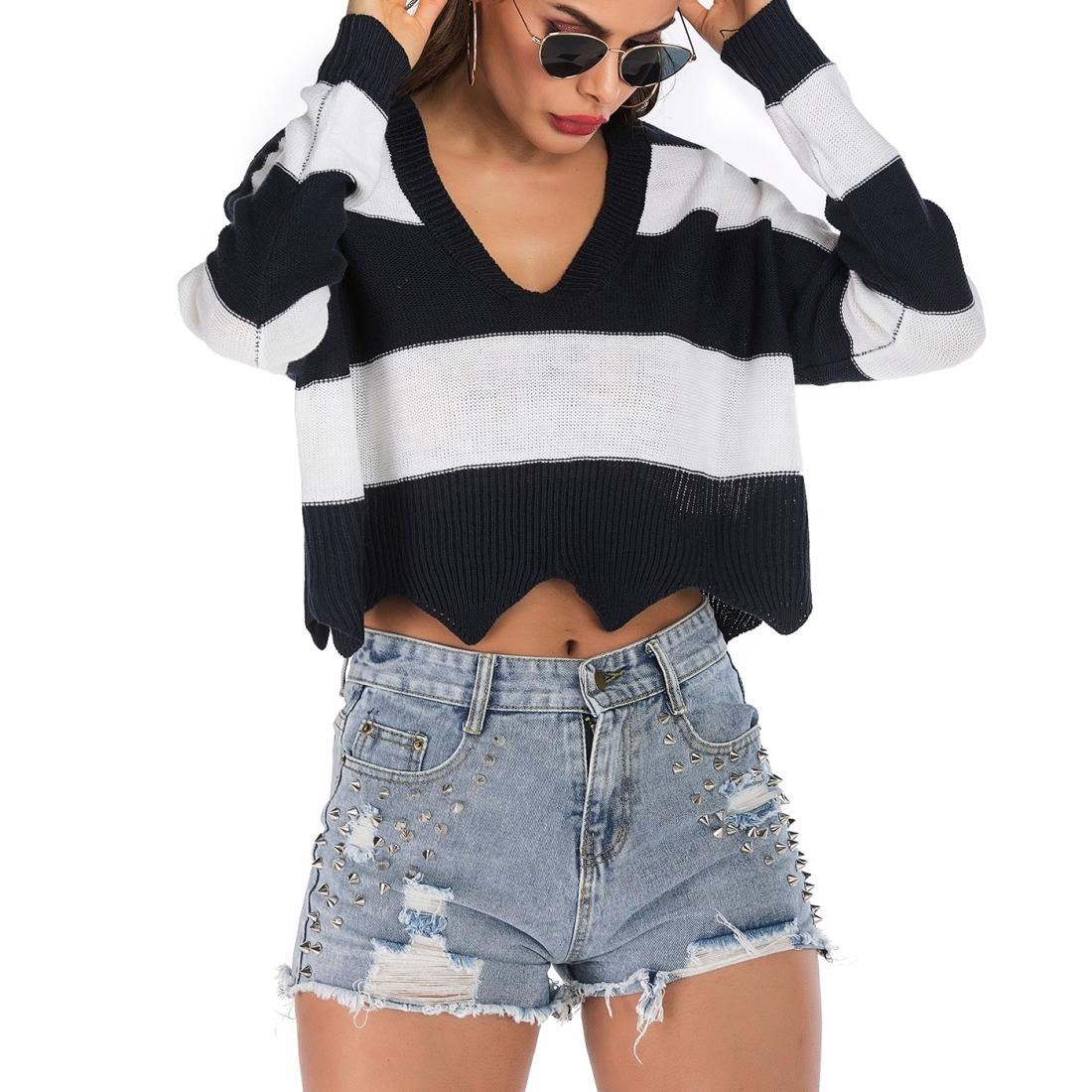 Striped Fashion Casual Pullover - Dark Blue L