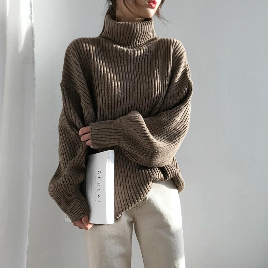 Solid Colour Turtleneck Outer Wear Pullover Casual Sweater Beige - Free Size - Coffee Free Size