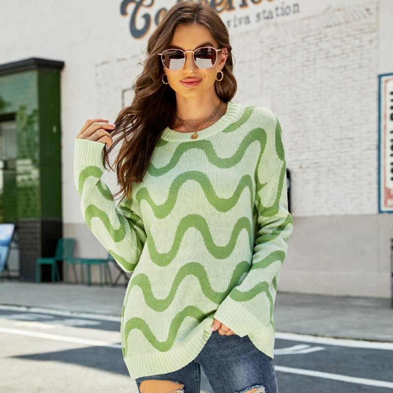 Women Casual Pullover Sweater Round Neck Wave Pattern Collision Colour Knitted Sweater - Size S Black - Green