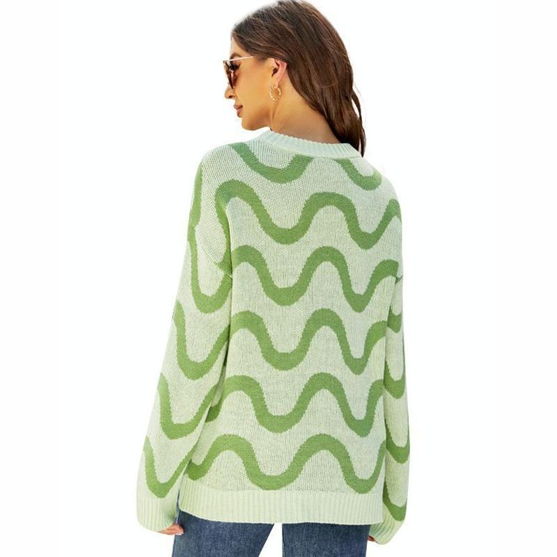 Women Casual Pullover Sweater Round Neck Wave Pattern Collision Colour Knitted Sweater - Size S Black - Green
