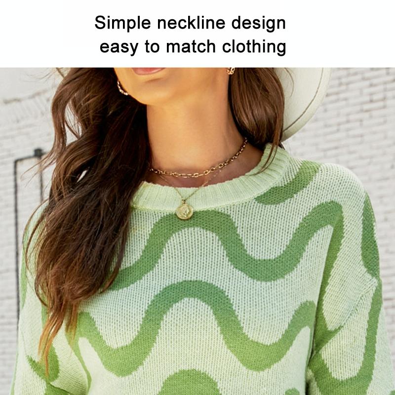 Women Casual Pullover Sweater Round Neck Wave Pattern Collision Colour Knitted Sweater - Size S Black - Green