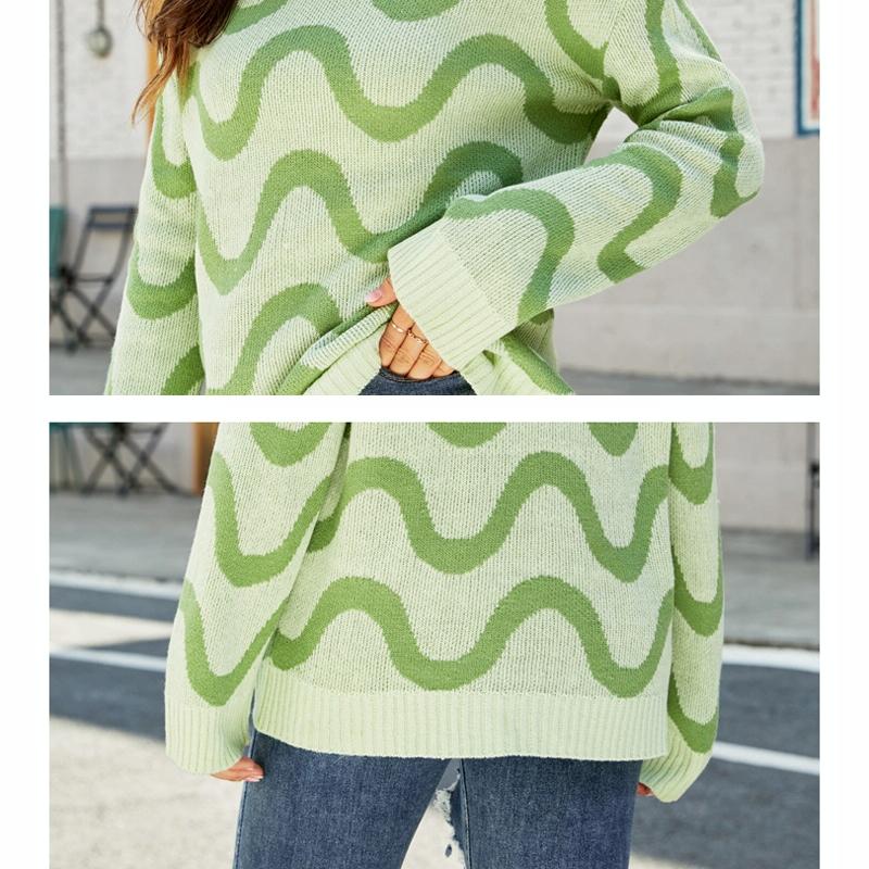 Women Casual Pullover Sweater Round Neck Wave Pattern Collision Colour Knitted Sweater - Size S Black - Green