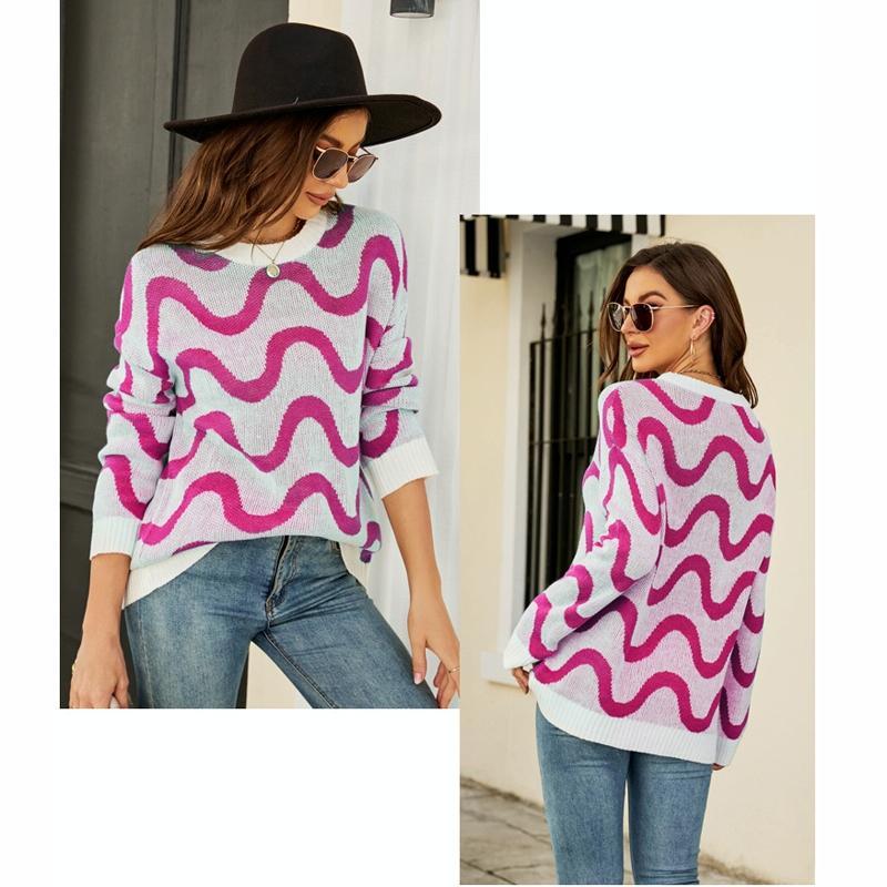 Women Casual Pullover Sweater Round Neck Wave Pattern Collision Colour Knitted Sweater - Size S Black - Green