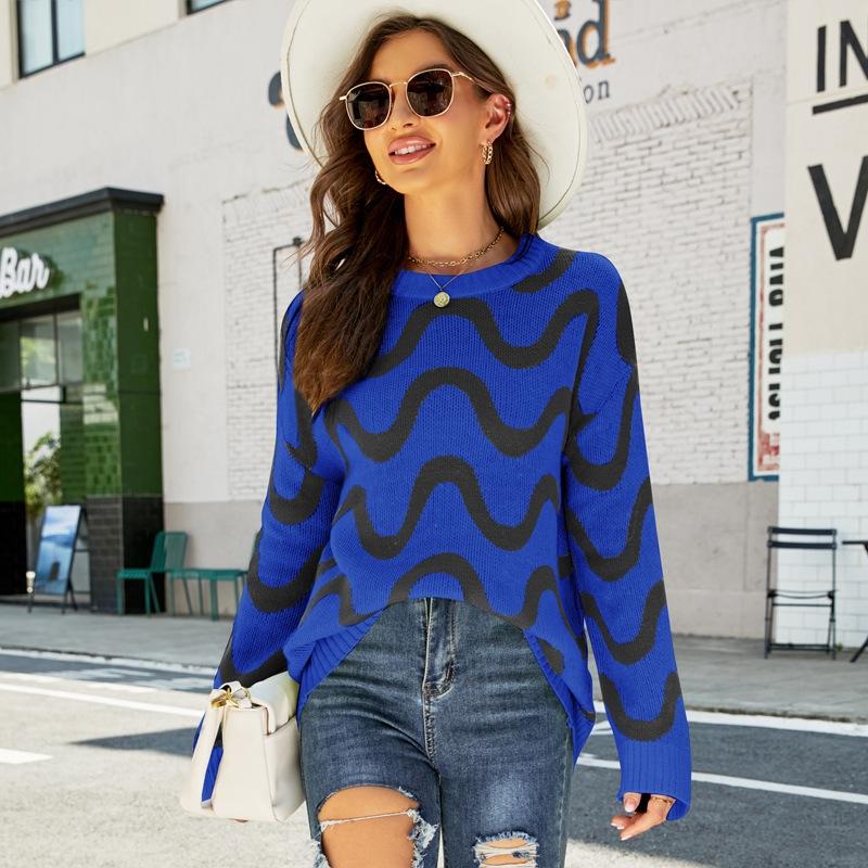 Women Casual Pullover Sweater Round Neck Wave Pattern Collision Colour Knitted Sweater - Size S Black - Green