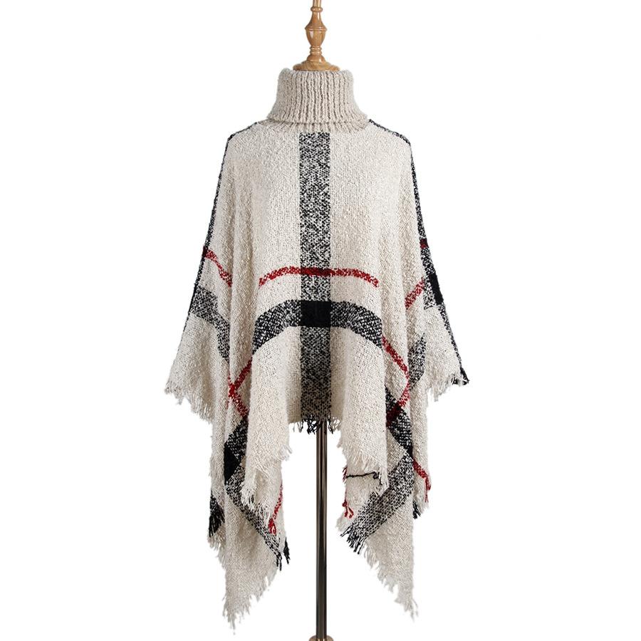Women Mid-Length Turtleneck Sweater Fringed Cloak Shawl - Size Free Size - Beige