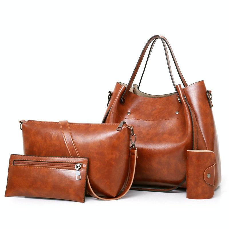 Retro Ladies Handbag - 4-in-1 Fashion Bucket Bag with Large Capacity - Brown